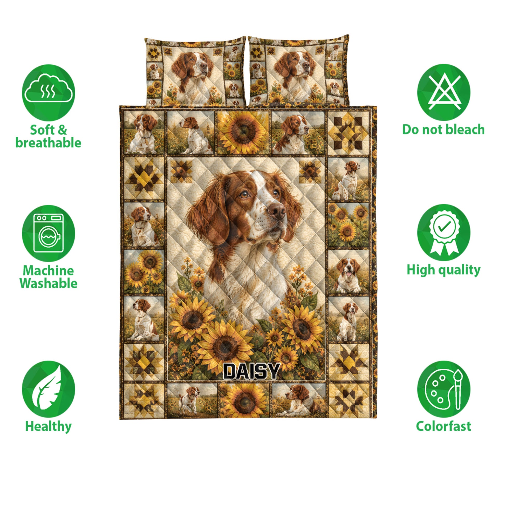 Brittany Spaniel quilt bedding set with sunflower panels and product feature icons