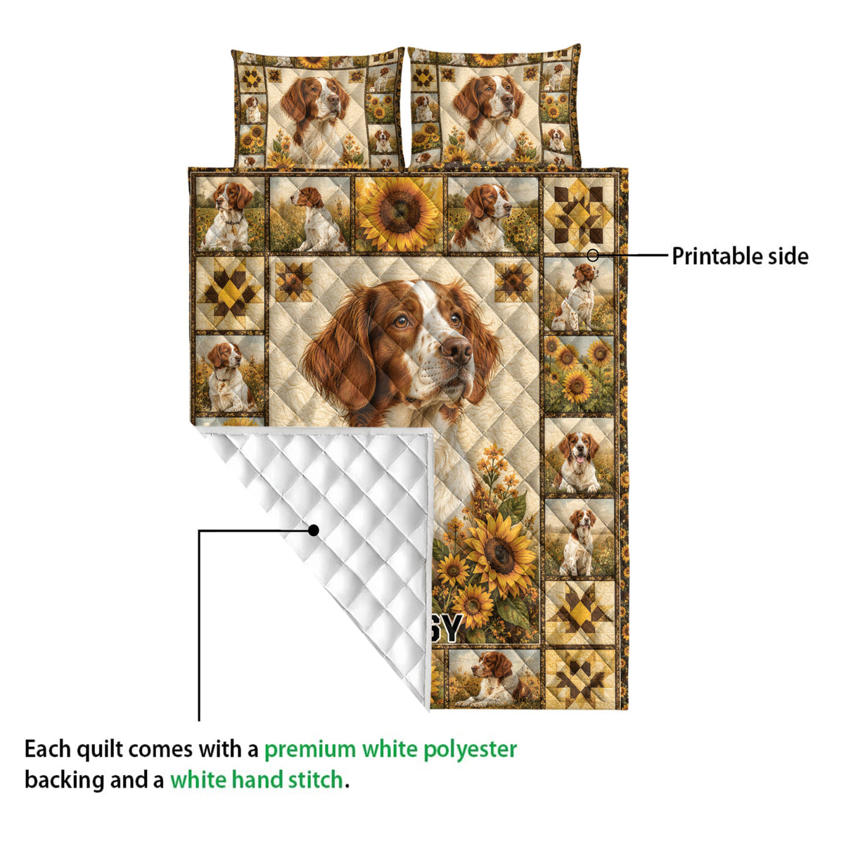 Brittany Spaniel quilt showing the printed front and white stitched backing
