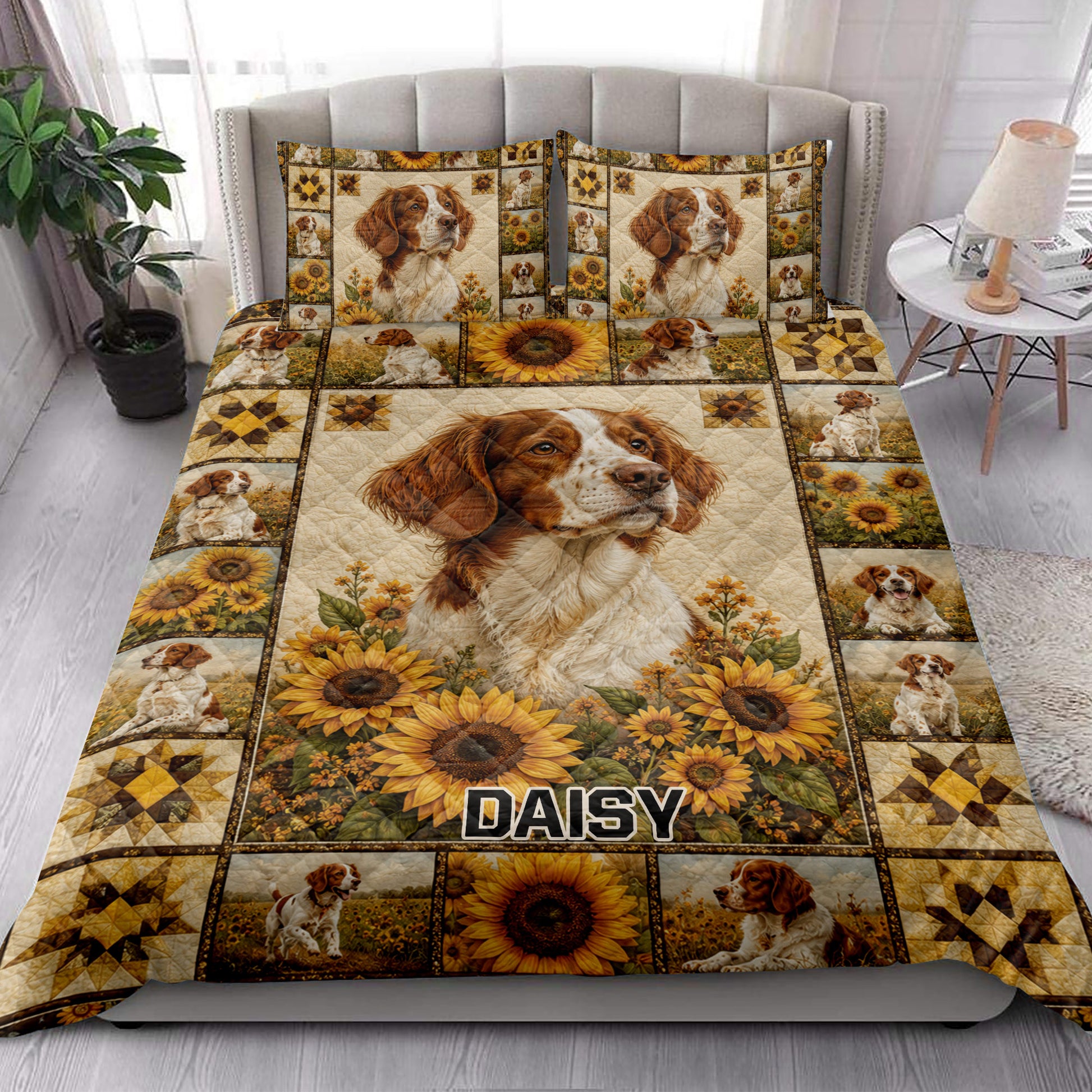 Brittany Spaniel quilt blanket styled on a bed with sunflower and patchwork artwork