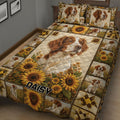 Close bedroom view of a Brittany Spaniel quilt blanket with floral patchwork design
