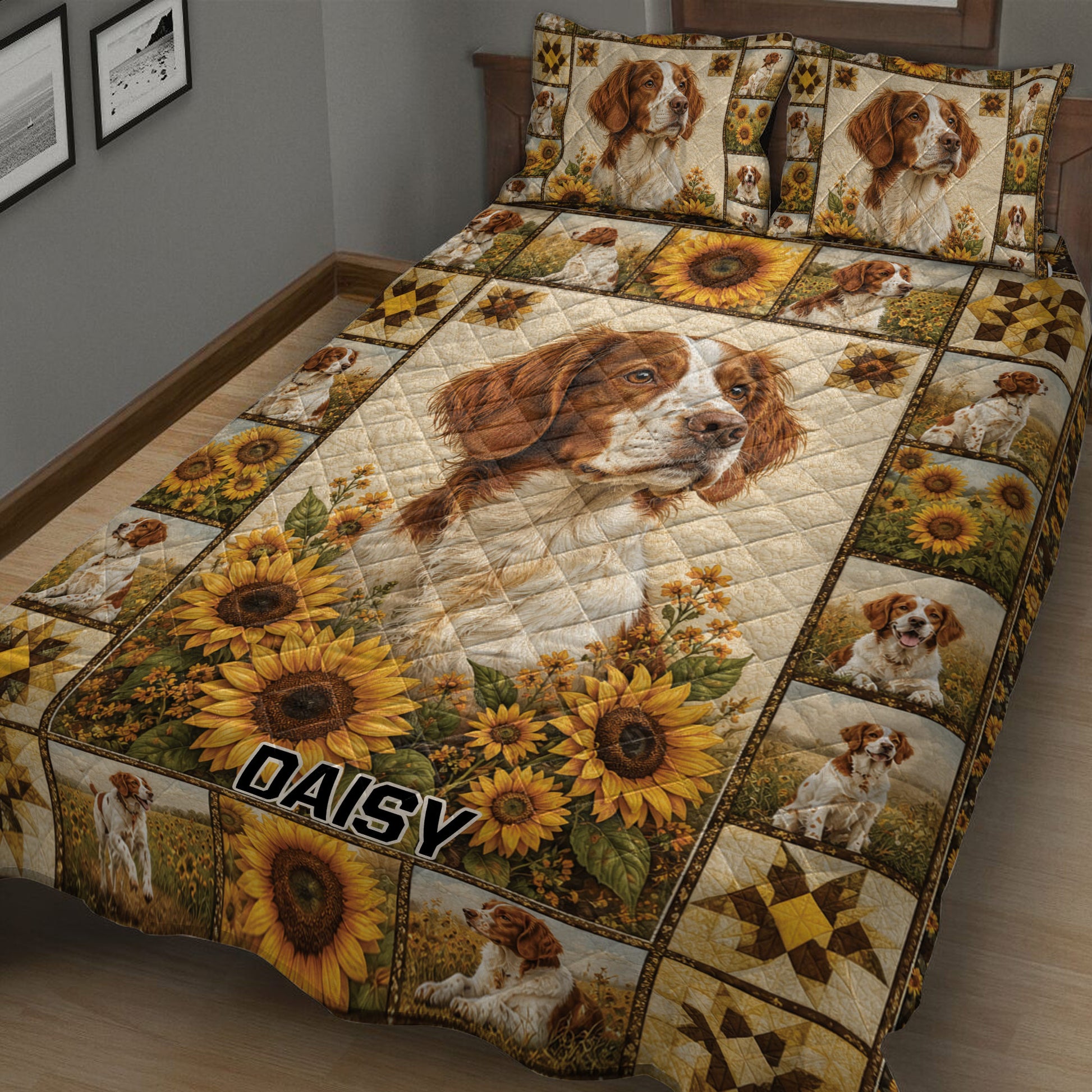 Close bedroom view of a Brittany Spaniel quilt blanket with floral patchwork design