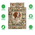 Brittany Spaniel quilt bedding set shown with daisy artwork and visual feature icons