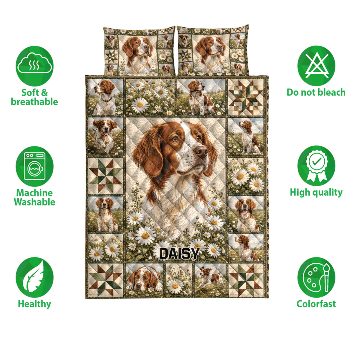 Brittany Spaniel quilt bedding set shown with daisy artwork and visual feature icons
