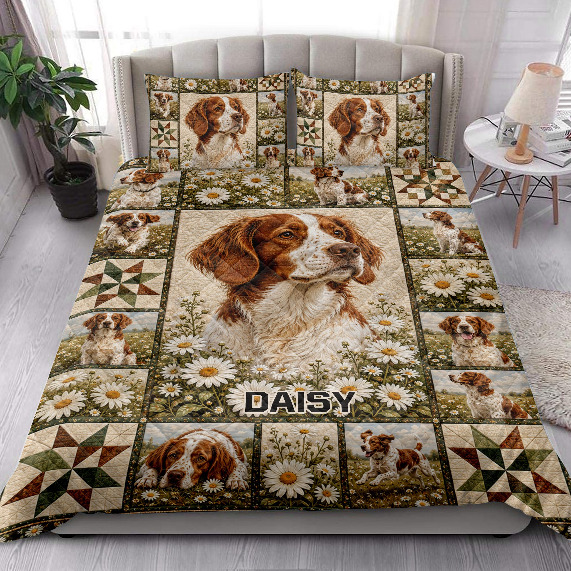 Brittany Spaniel quilt bedding styled in a bright bedroom with floral dog artwork