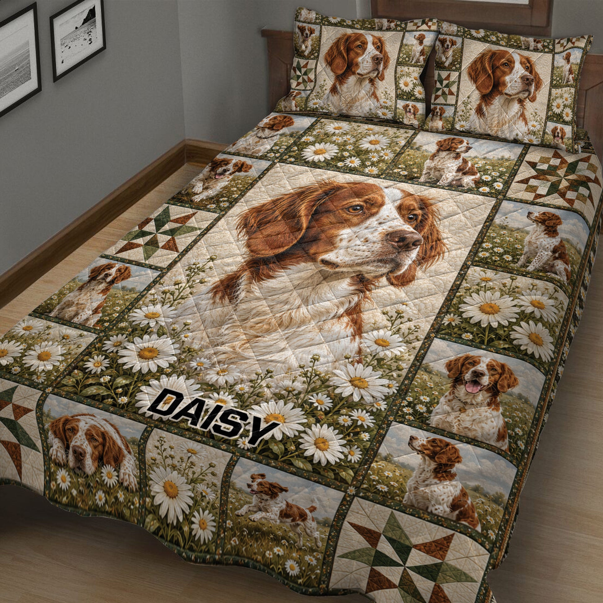 Brittany Spaniel quilt blanket close-up with a large dog portrait, daisies, and rustic patchwork panels