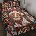 Brittany Spaniel Christmas quilt blanket displayed on a bed with plaid, snow, ornaments, and Santa hat artwork