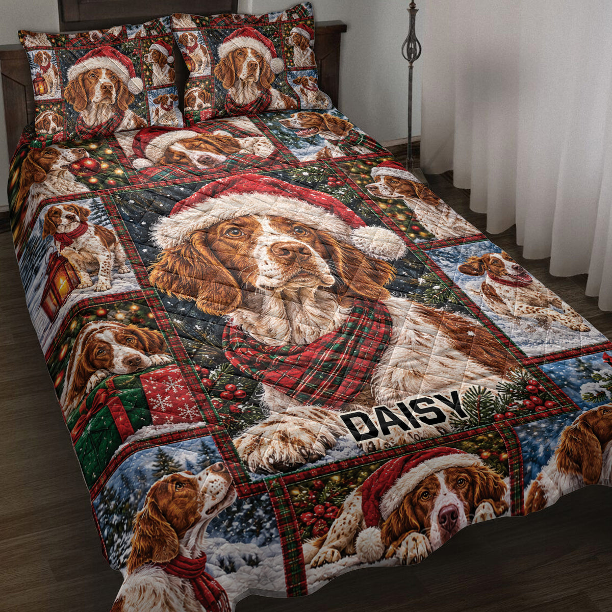 Brittany Spaniel Christmas quilt blanket displayed on a bed with plaid, snow, ornaments, and Santa hat artwork