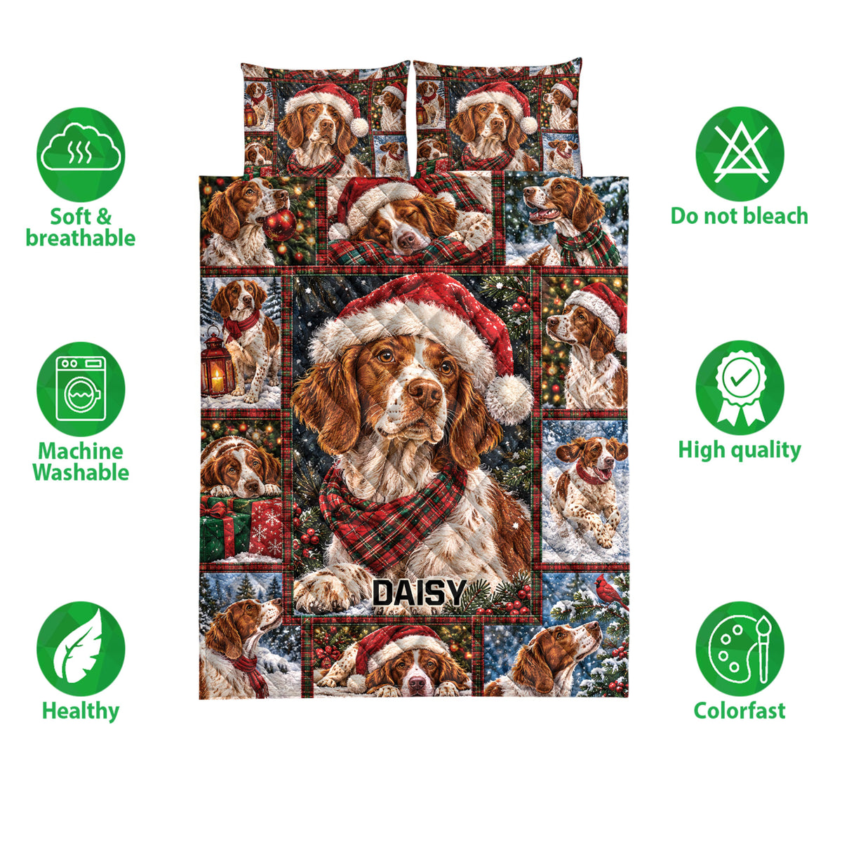 Brittany Spaniel Christmas quilt bedding set shown with repeated dog portraits, festive plaid, and holiday artwork