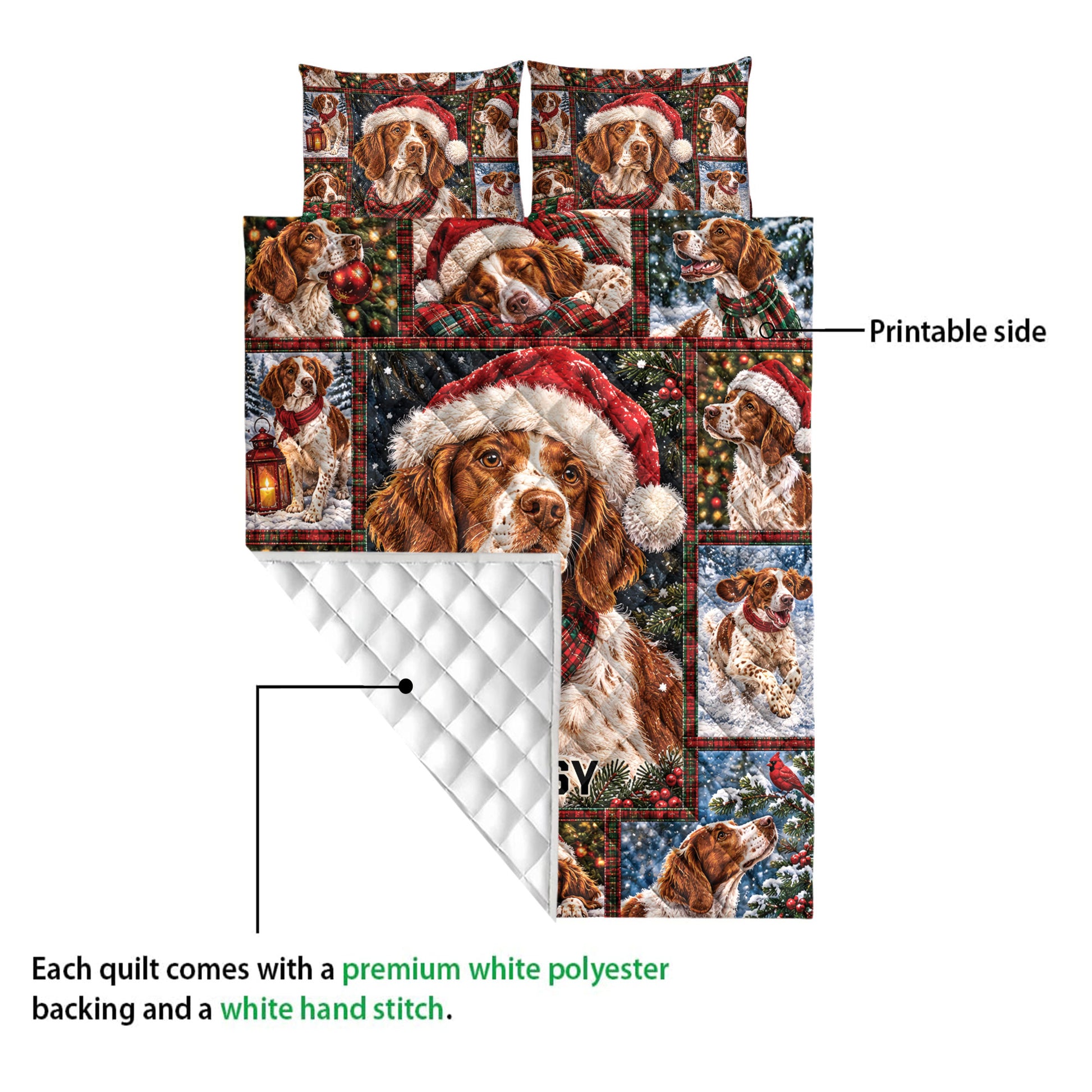 Brittany Spaniel quilt detail showing the printed front and white quilted backing