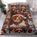 Brittany Spaniel Christmas quilt blanket styled in a bright bedroom with festive dog and plaid artwork