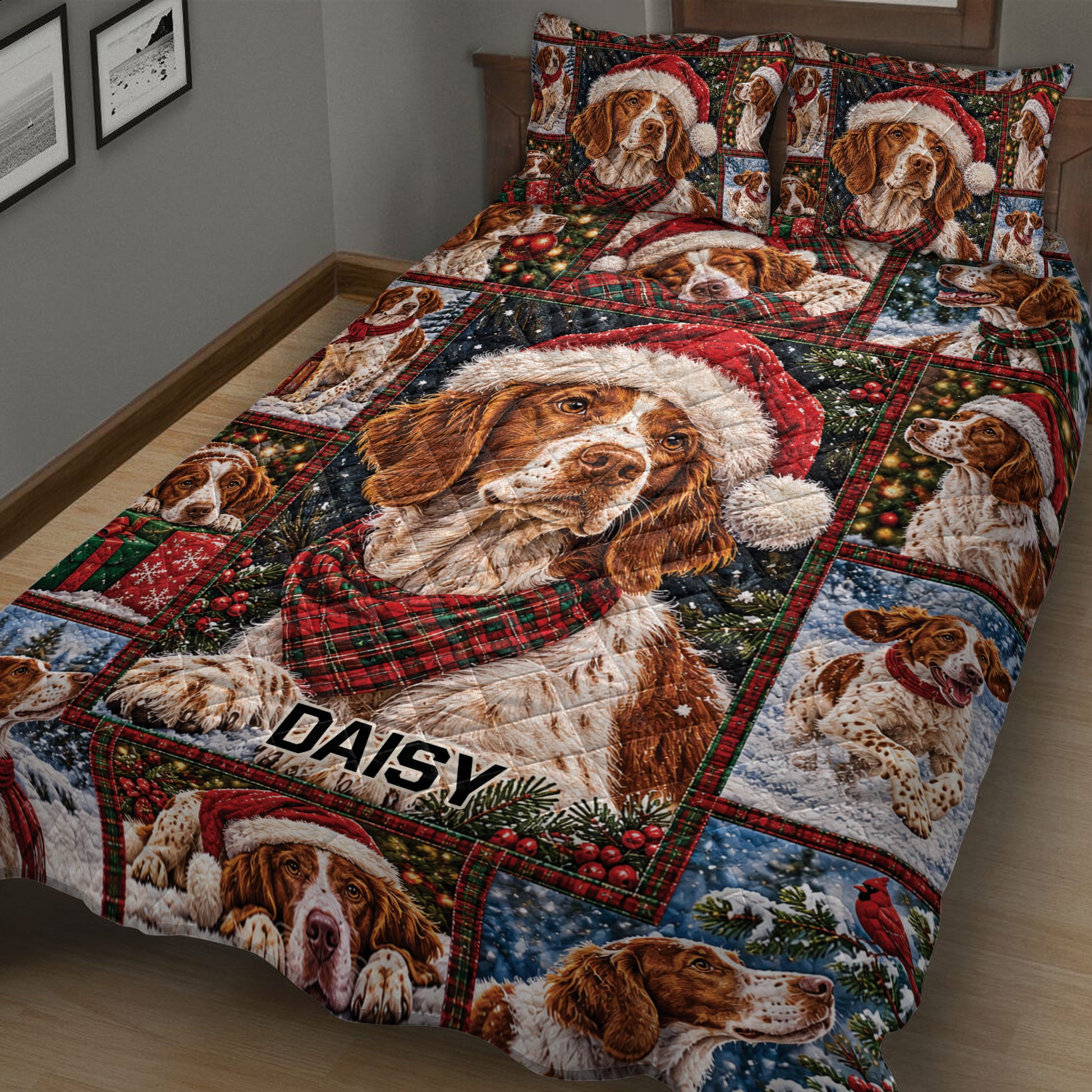 Brittany Spaniel holiday quilt blanket displayed across a bed with Santa hats, scarves, snow, and Christmas trees