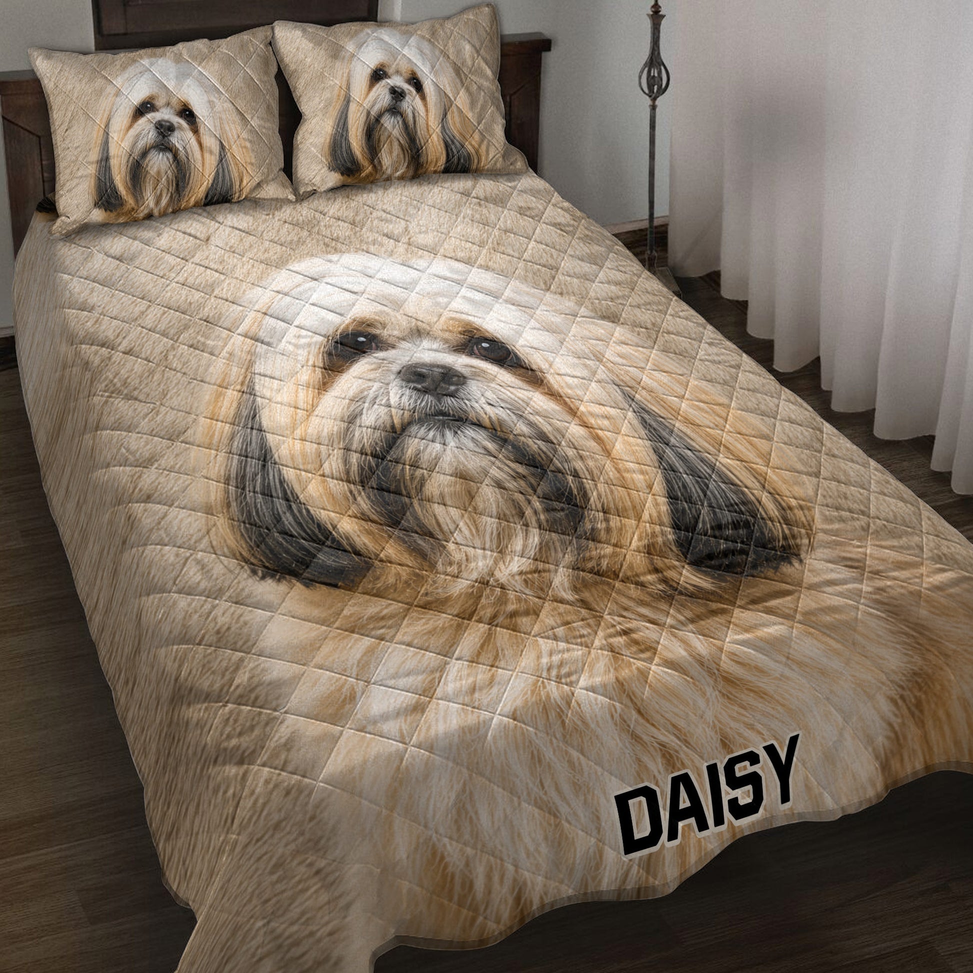 Lhasa Apso quilt blanket displayed on a bed with matching dog artwork across the bedding and pillows