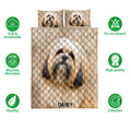 Lhasa Apso quilt bedding set shown with dog artwork and illustrated softness, washing, and color features