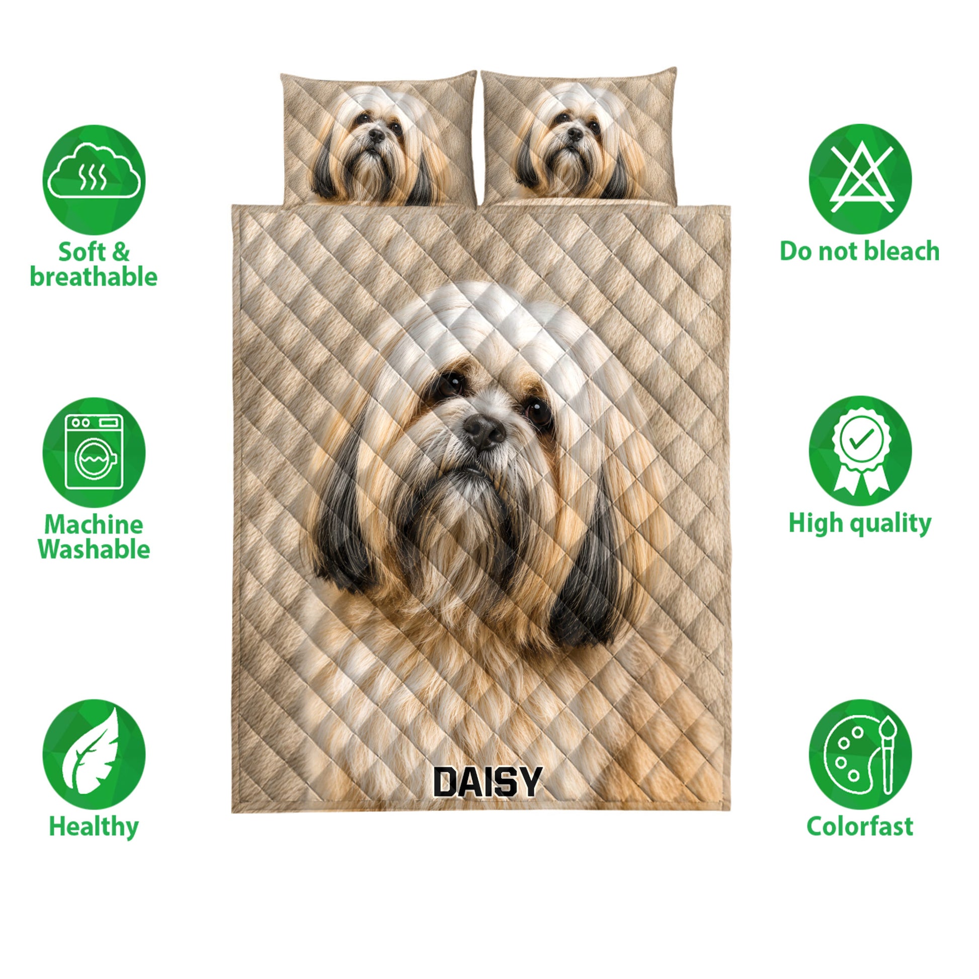 Lhasa Apso quilt bedding set shown with dog artwork and illustrated softness, washing, and color features