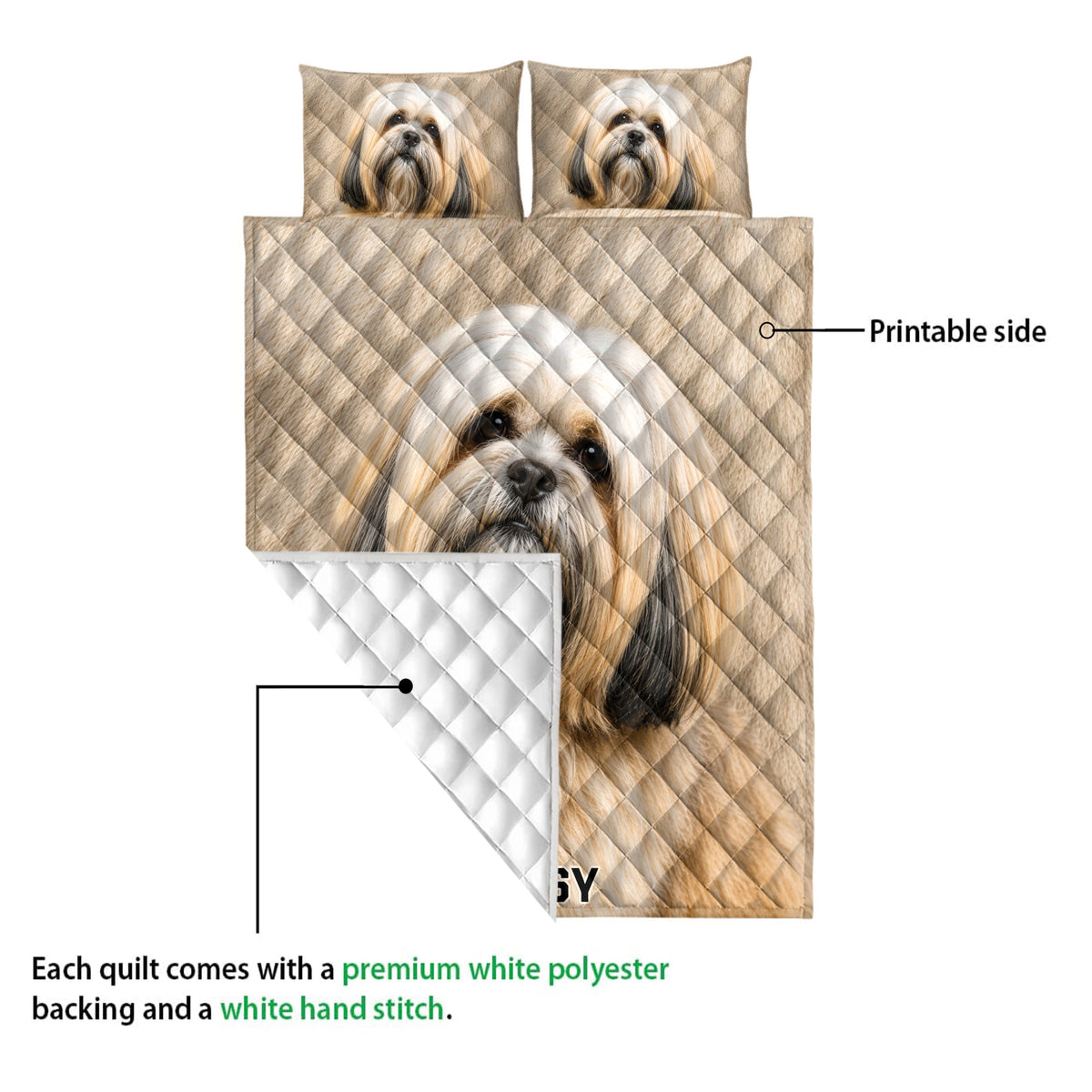 Lhasa Apso quilt blanket showing the printed front artwork and white diamond-stitched backing