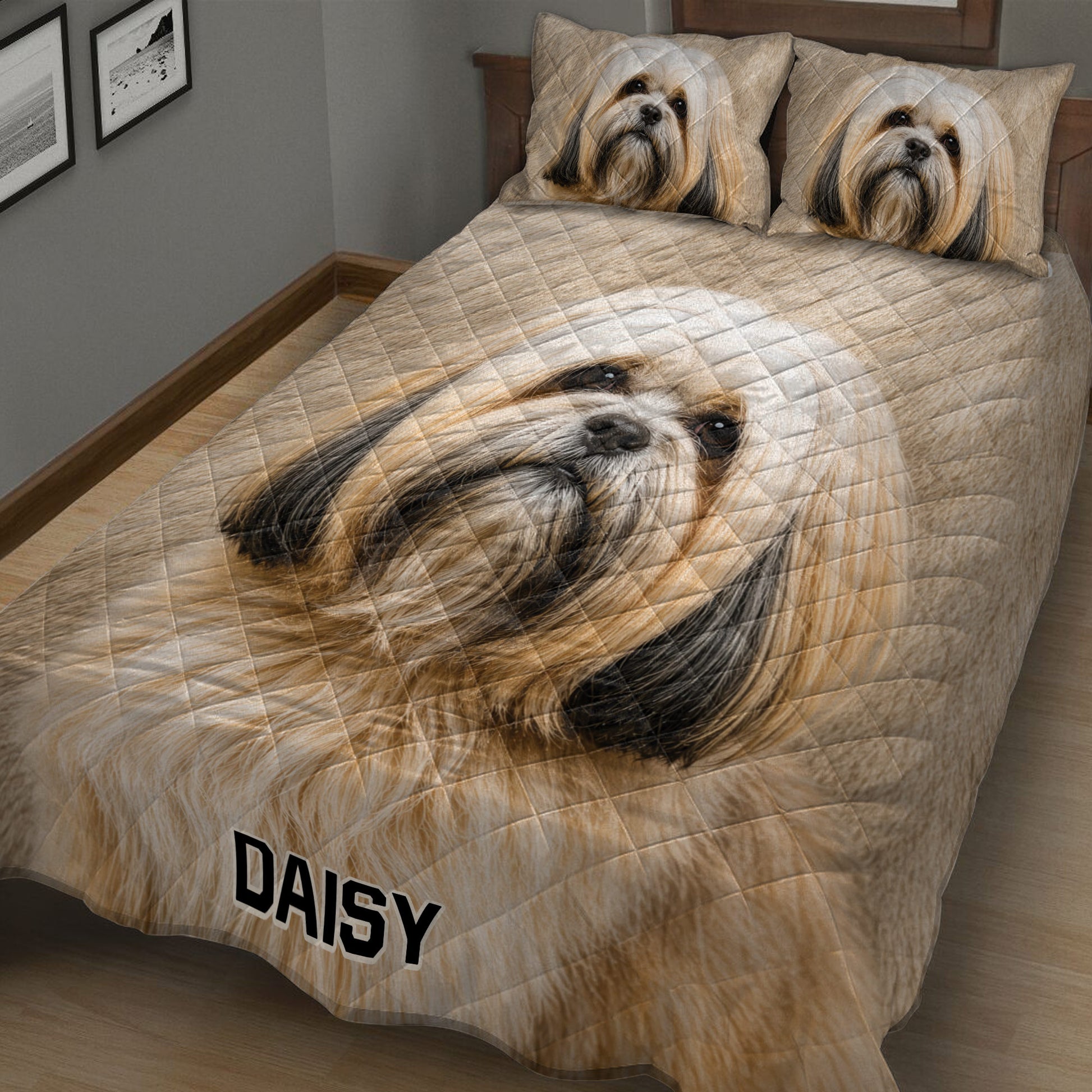 Lhasa Apso quilt blanket arranged on a bed with repeated dog portraits in warm neutral tones