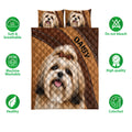 Lhasa Apso quilt bedding set shown with matching dog portraits and soft, breathable design feature icons