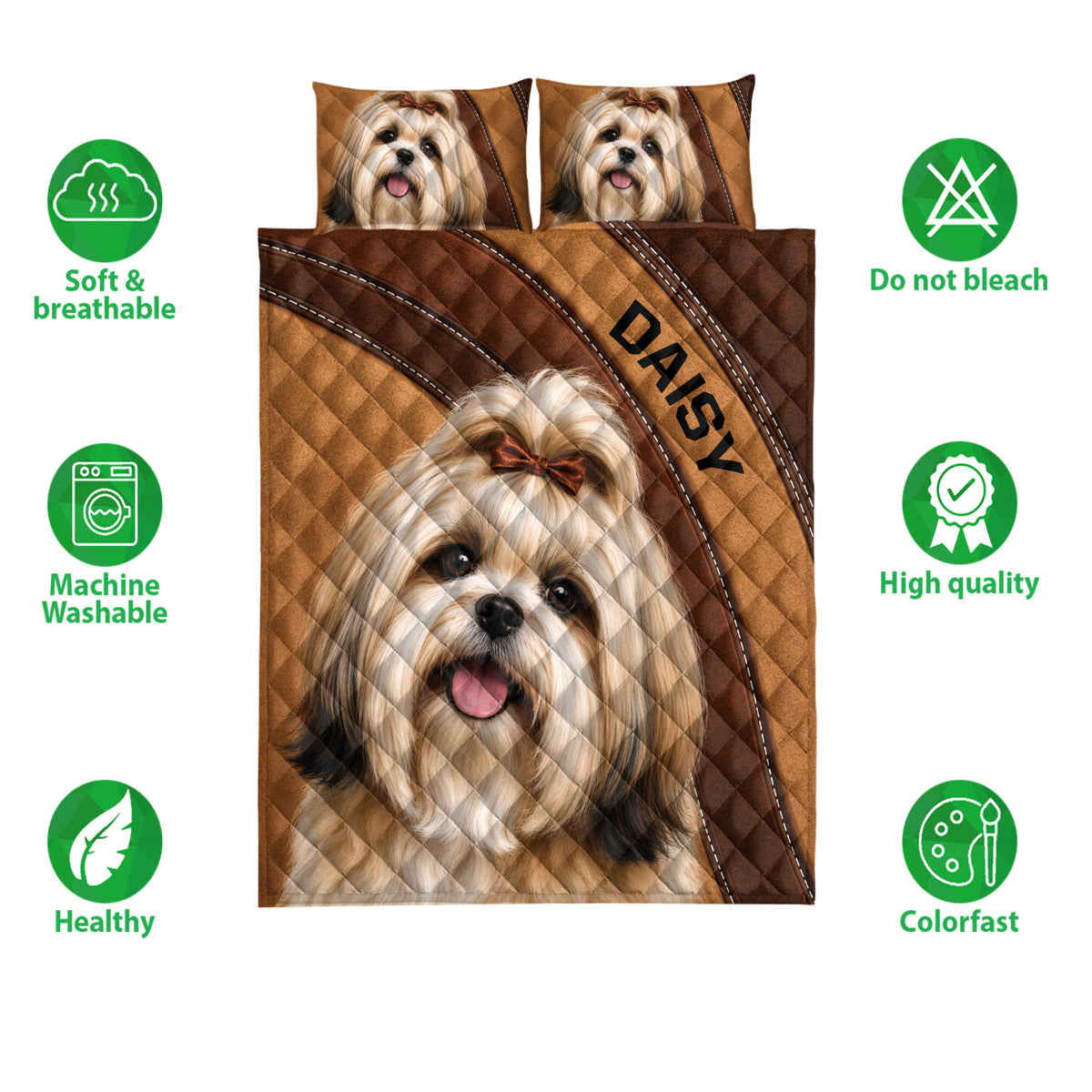 Lhasa Apso quilt bedding set shown with matching dog portraits and soft, breathable design feature icons
