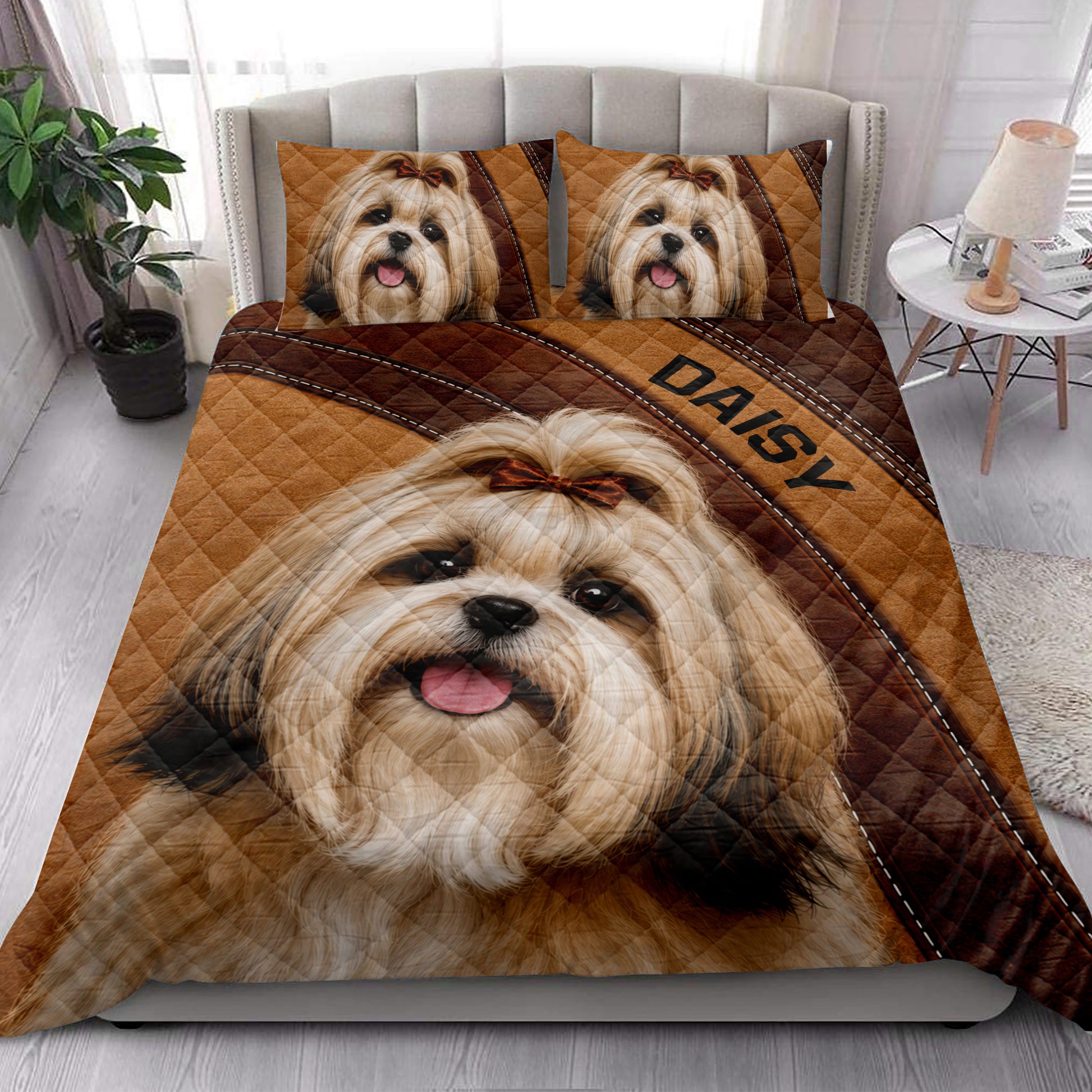 Lhasa Apso quilt blanket styled in a bright bedroom with matching dog portrait pillow designs