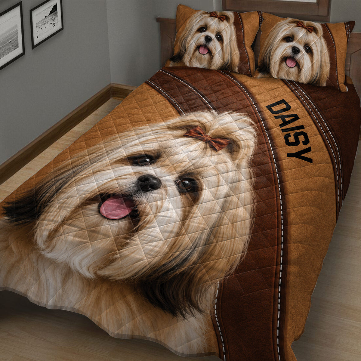 Close-up view of a Lhasa Apso quilt blanket featuring a cheerful long-haired dog portrait and brown artwork