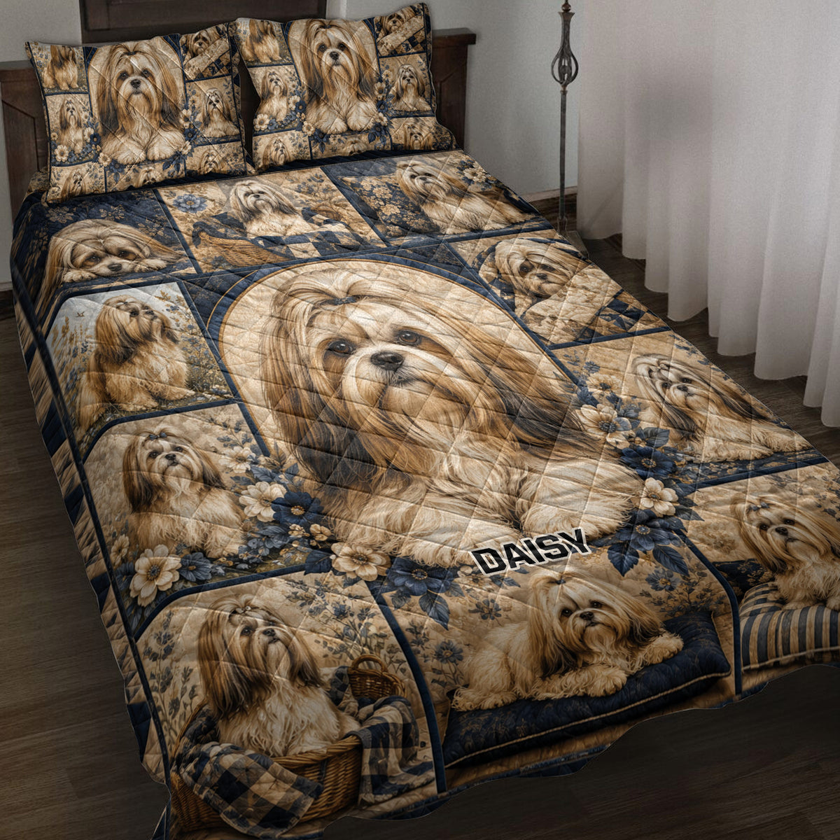 Lhasa Apso quilt blanket displayed on a bed with floral patchwork artwork in navy, tan, and cream