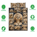 Lhasa Apso quilt bedding set shown with repeating dog portraits, floral artwork, and product feature icons