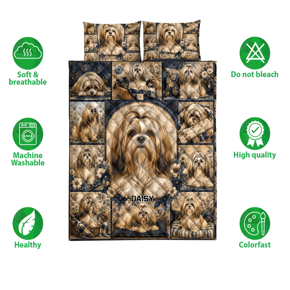 Lhasa Apso quilt bedding set shown with repeating dog portraits, floral artwork, and product feature icons