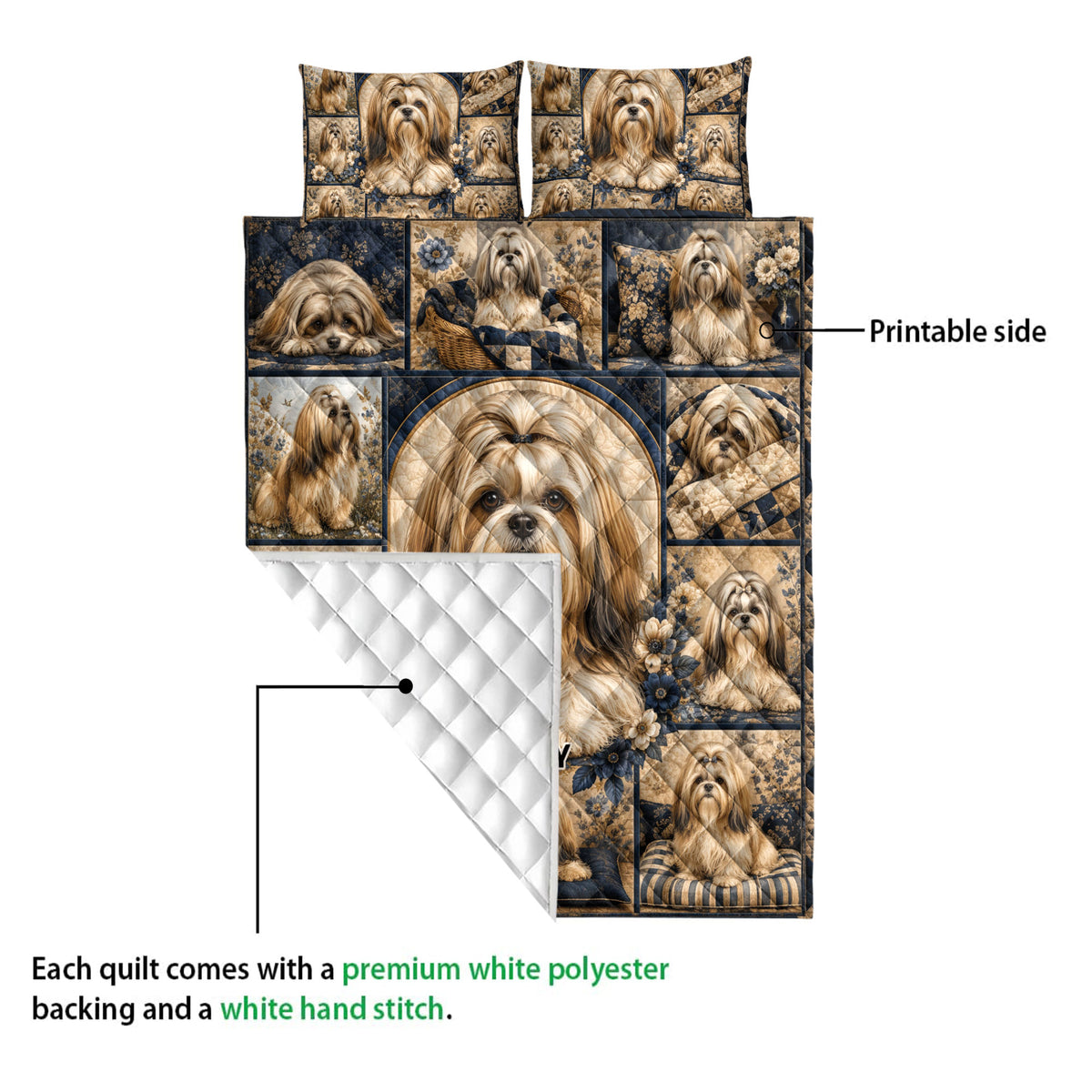 Lhasa Apso quilt close-up showing the printed front and white quilted backing