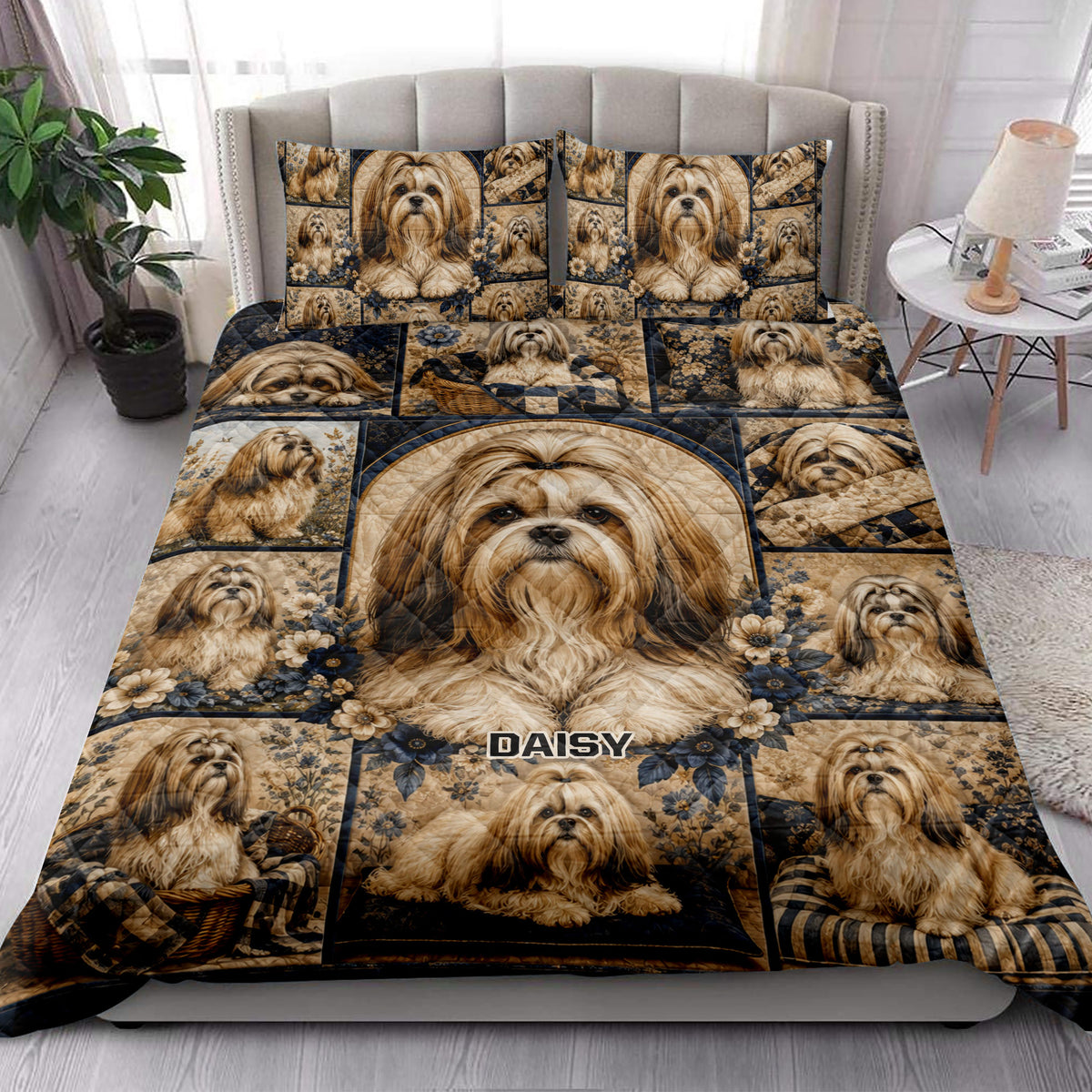 Lhasa Apso quilt bedding styled in a bright bedroom with matching dog artwork across the bed