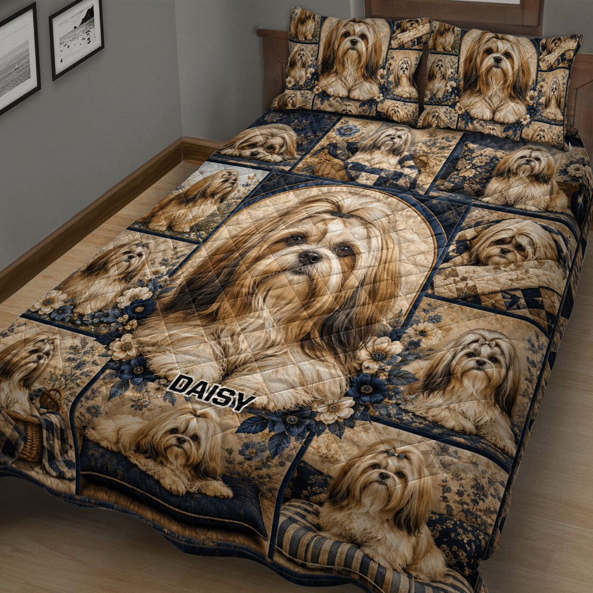 Close view of Lhasa Apso quilt blanket featuring detailed dog portraits, flowers, and navy patchwork