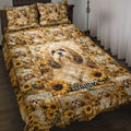 Lhasa Apso quilt blanket spread across a bed with sunflower panels and coordinated dog artwork