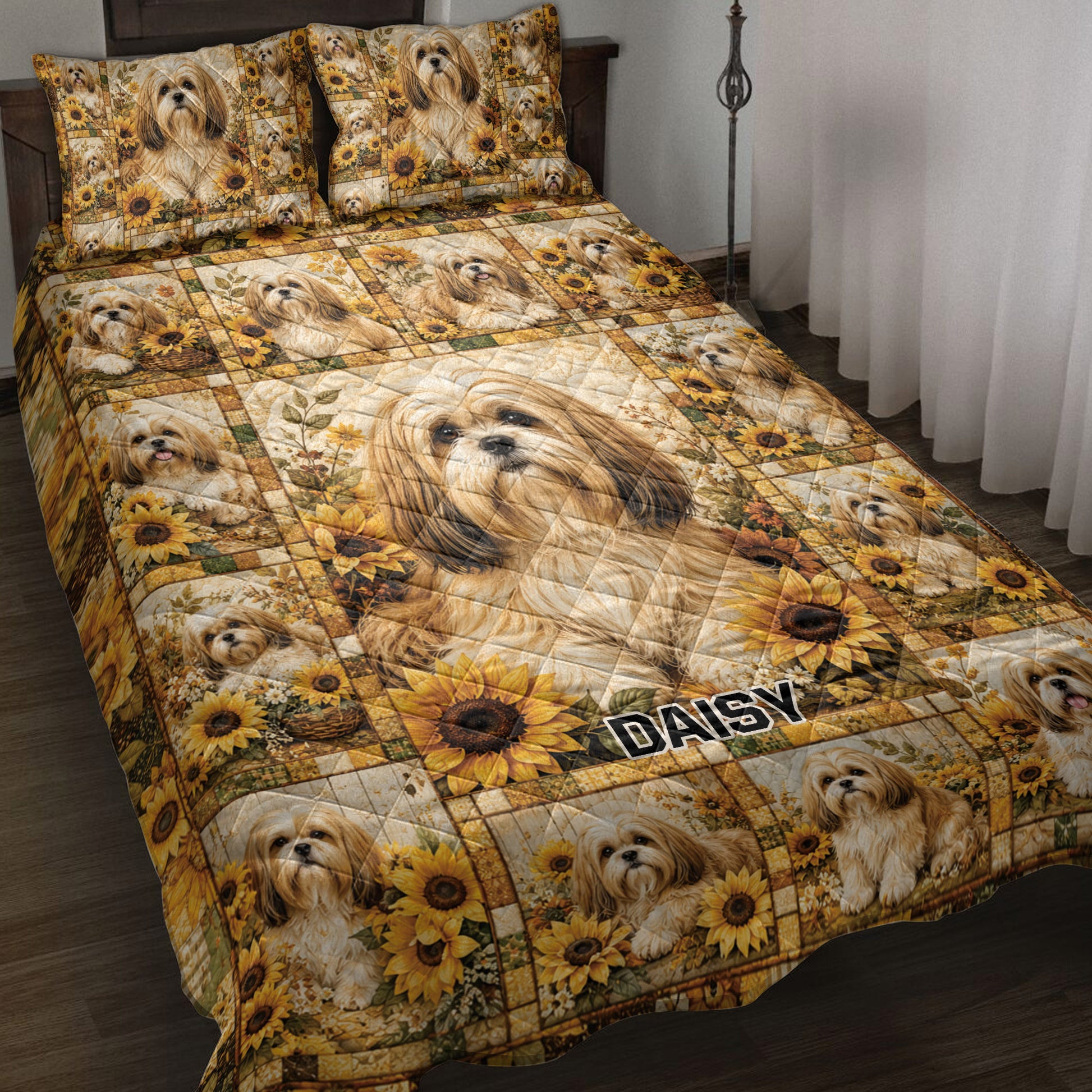 Lhasa Apso quilt blanket spread across a bed with sunflower panels and coordinated dog artwork