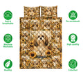 Lhasa Apso quilt bedding set shown with sunflower artwork and soft breathable design icons