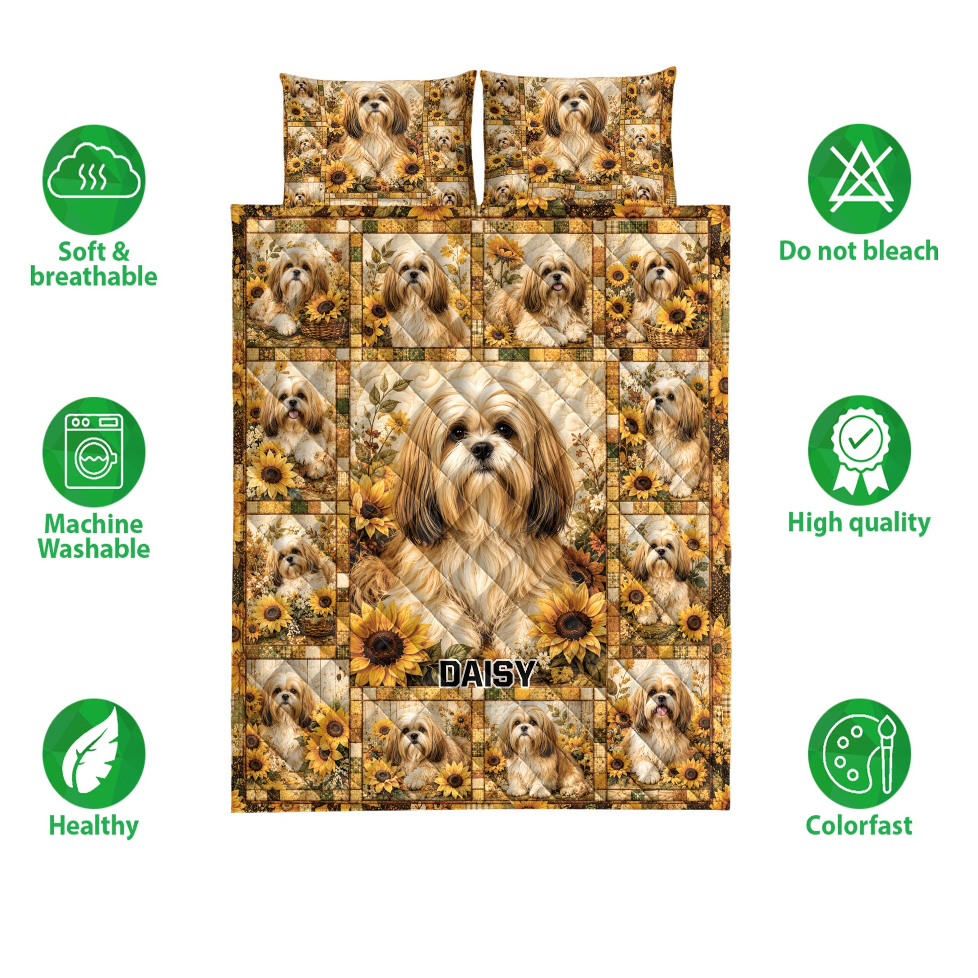 Lhasa Apso quilt bedding set shown with sunflower artwork and soft breathable design icons
