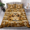 Lhasa Apso quilt bedding styled in a bright bedroom with sunflower and dog portraits