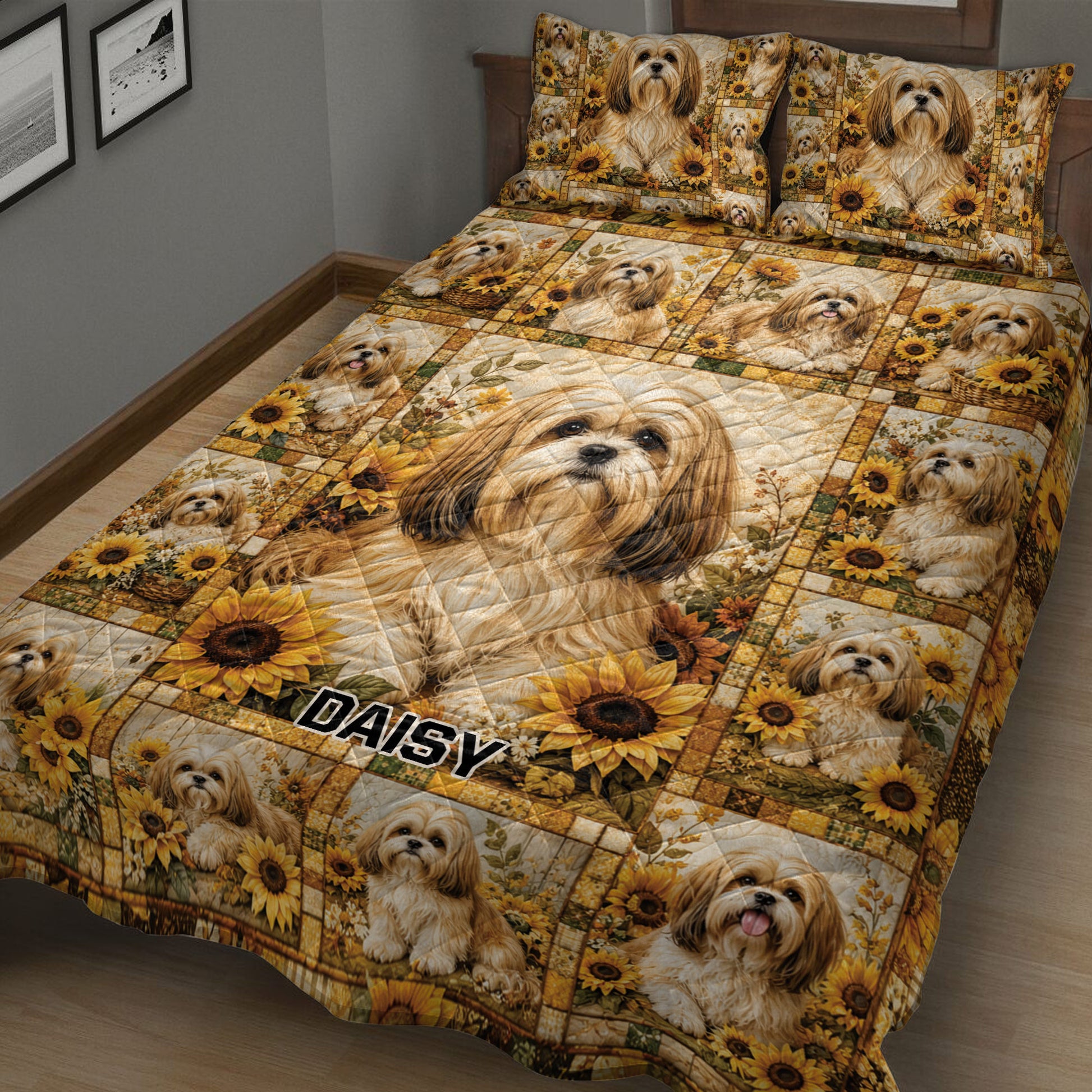 Lhasa Apso quilt blanket displayed on a bed with sunflower borders and repeated dog portraits