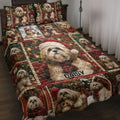 Lhasa Apso Christmas quilt blanket displayed on a bed with festive plaid, ornaments, and holiday dog artwork