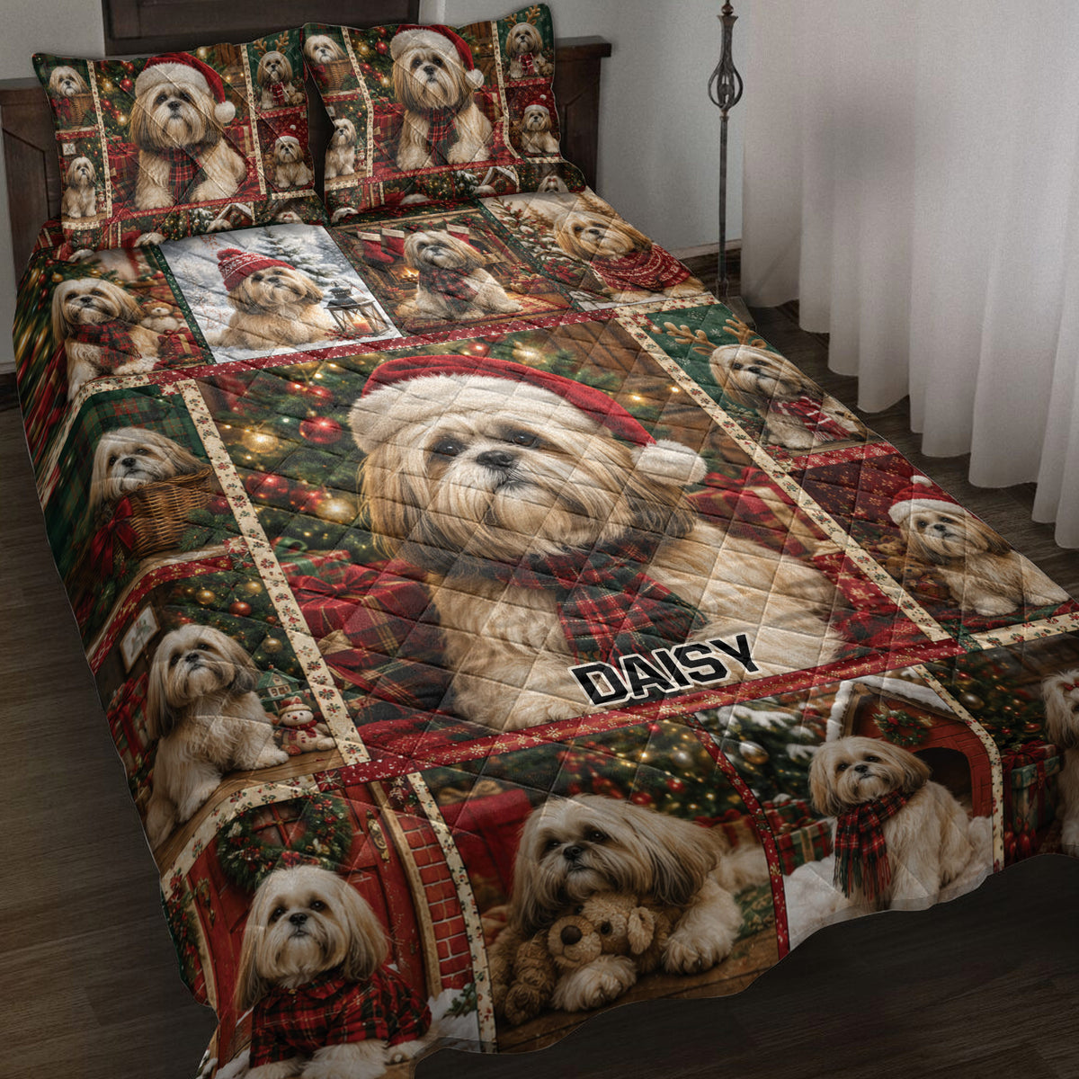 Lhasa Apso Christmas quilt blanket displayed on a bed with festive plaid, ornaments, and holiday dog artwork