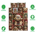 Lhasa Apso Christmas quilt bedding design shown with holiday scenes and soft breathable product icons