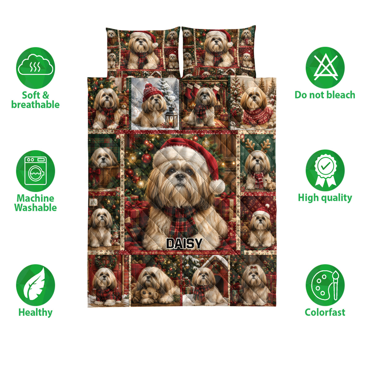 Lhasa Apso Christmas quilt bedding design shown with holiday scenes and soft breathable product icons