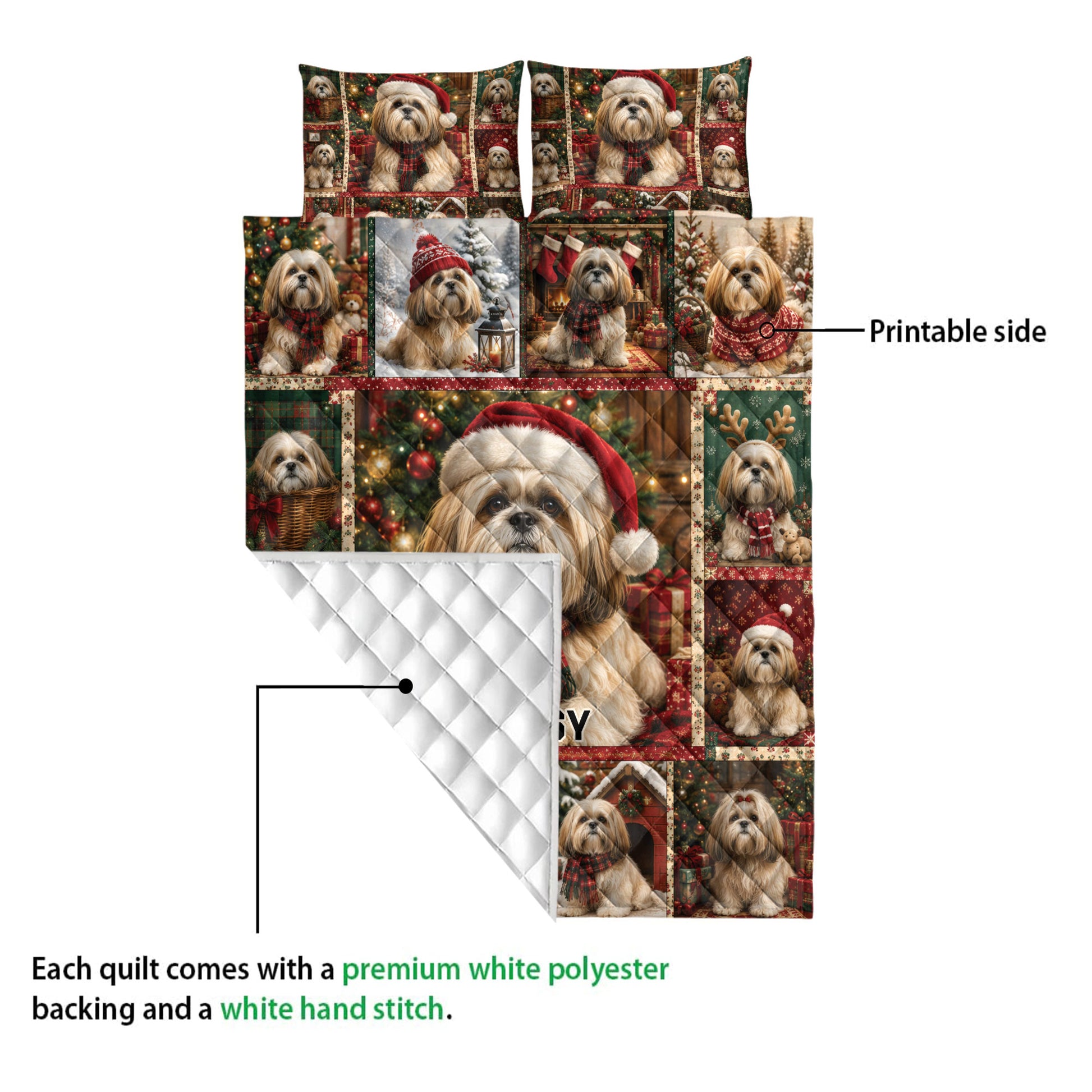Lhasa Apso Christmas quilt showing the printed front and white diamond-stitched backing