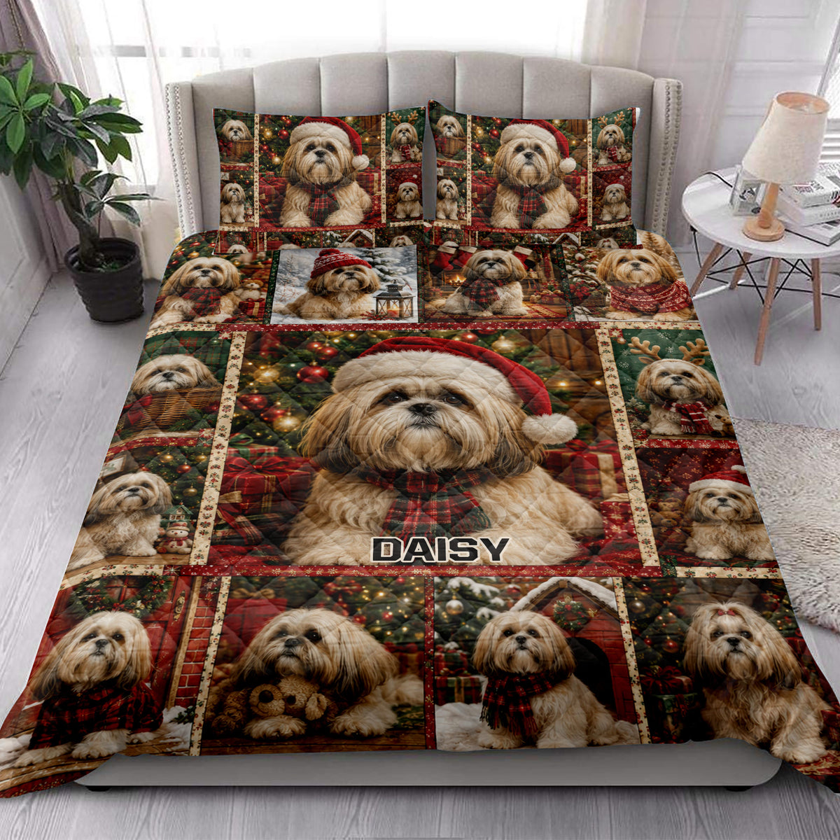 Lhasa Apso Christmas quilt blanket styled across a bedroom with matching holiday dog artwork