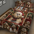 Close view of Lhasa Apso Christmas quilt blanket with plaid scarves, ornaments, gifts, and festive scenes