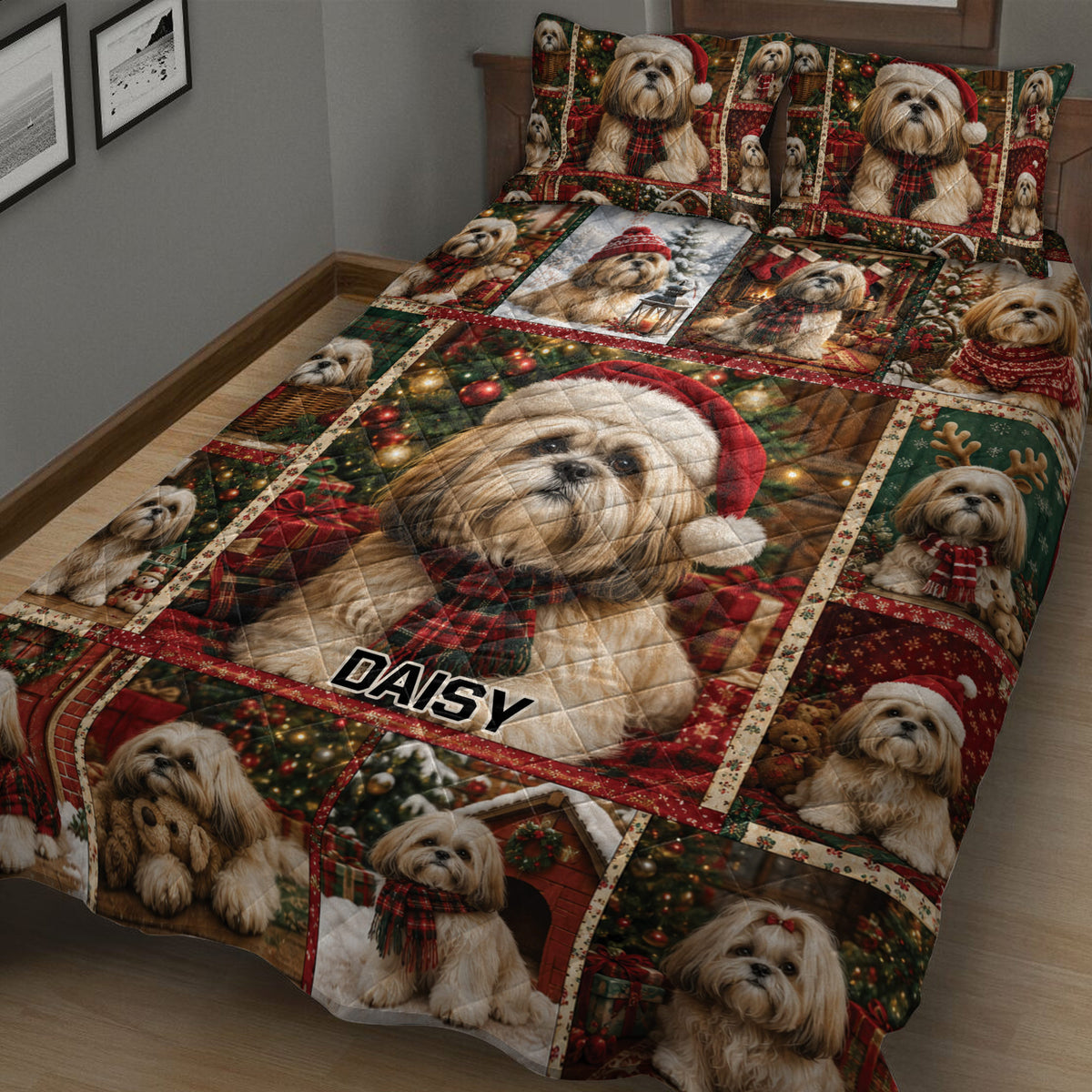 Close view of Lhasa Apso Christmas quilt blanket with plaid scarves, ornaments, gifts, and festive scenes