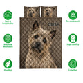 Cairn Terrier quilt bedding set shown with soft, washable, breathable and colorfast feature icons