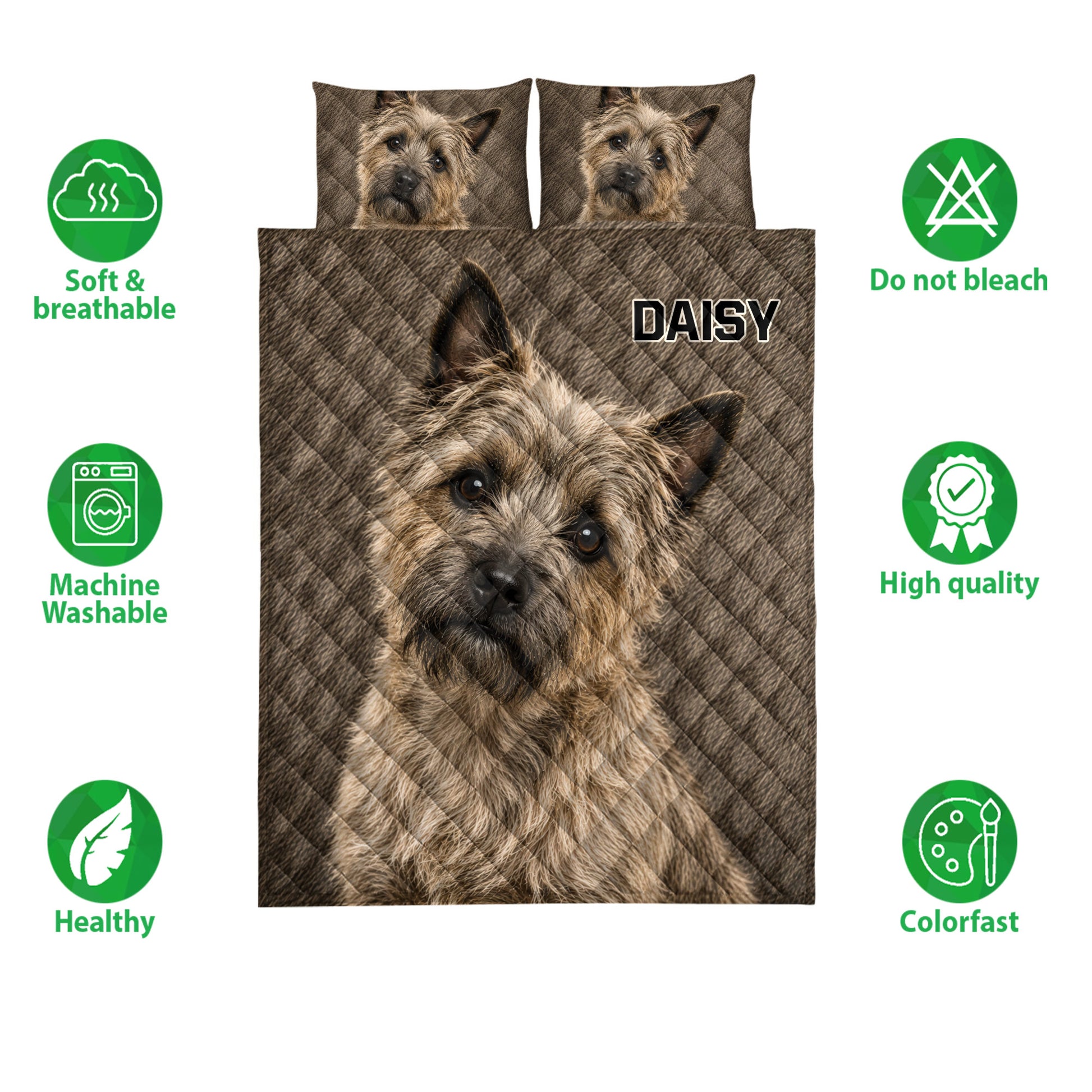 Cairn Terrier quilt bedding set shown with soft, washable, breathable and colorfast feature icons