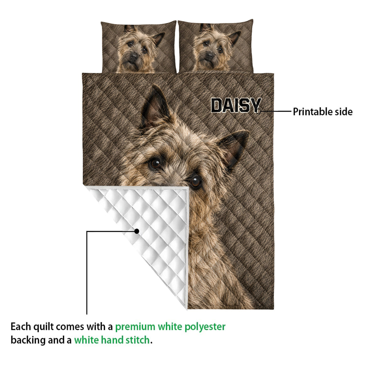 Cairn Terrier quilt showing the printed dog artwork and white quilted backing