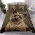 Cairn Terrier quilt bedding styled in a bright bedroom with a large dog portrait design