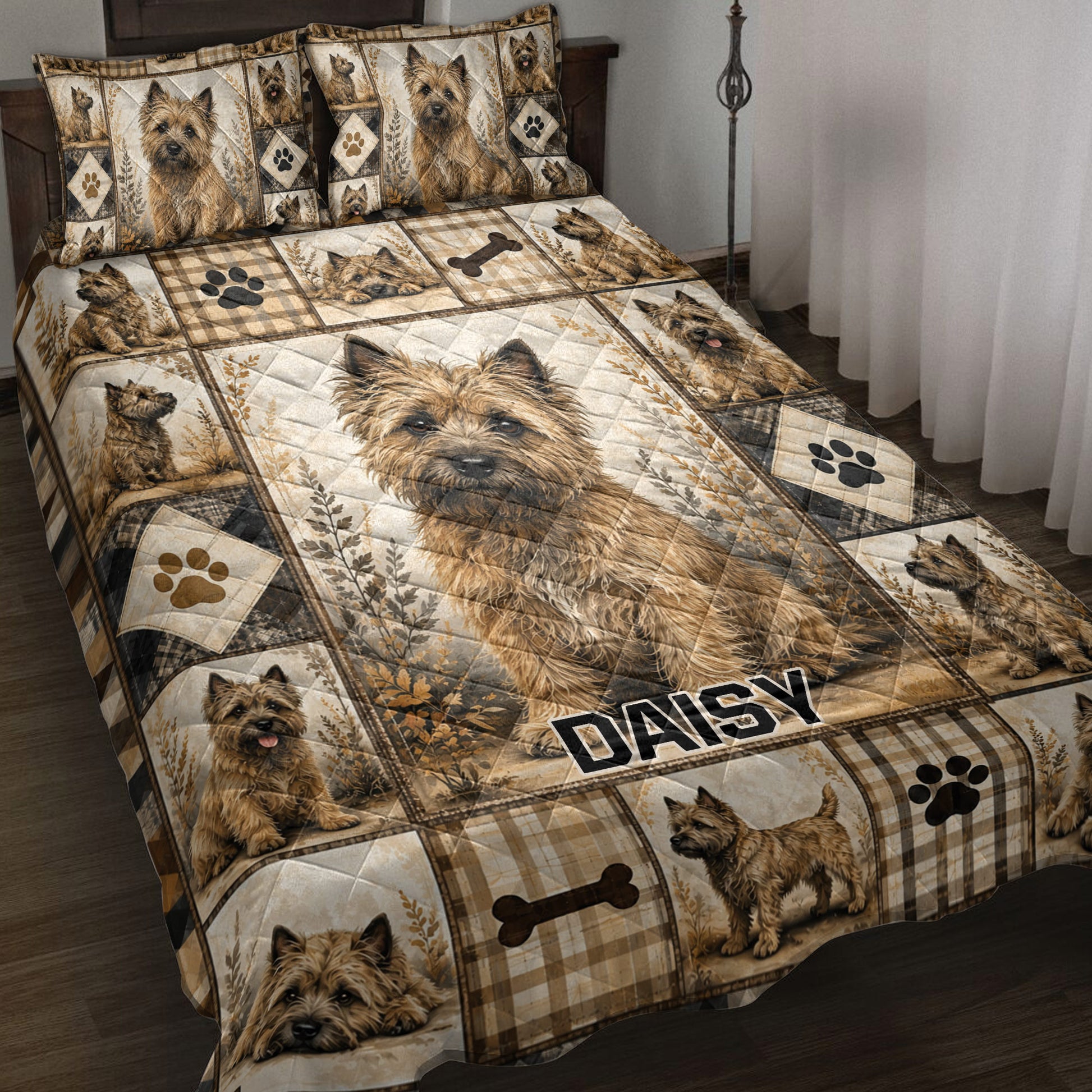 Cairn Terrier quilt blanket on a bed with rustic plaid panels, paw prints, bones, and repeated dog portraits