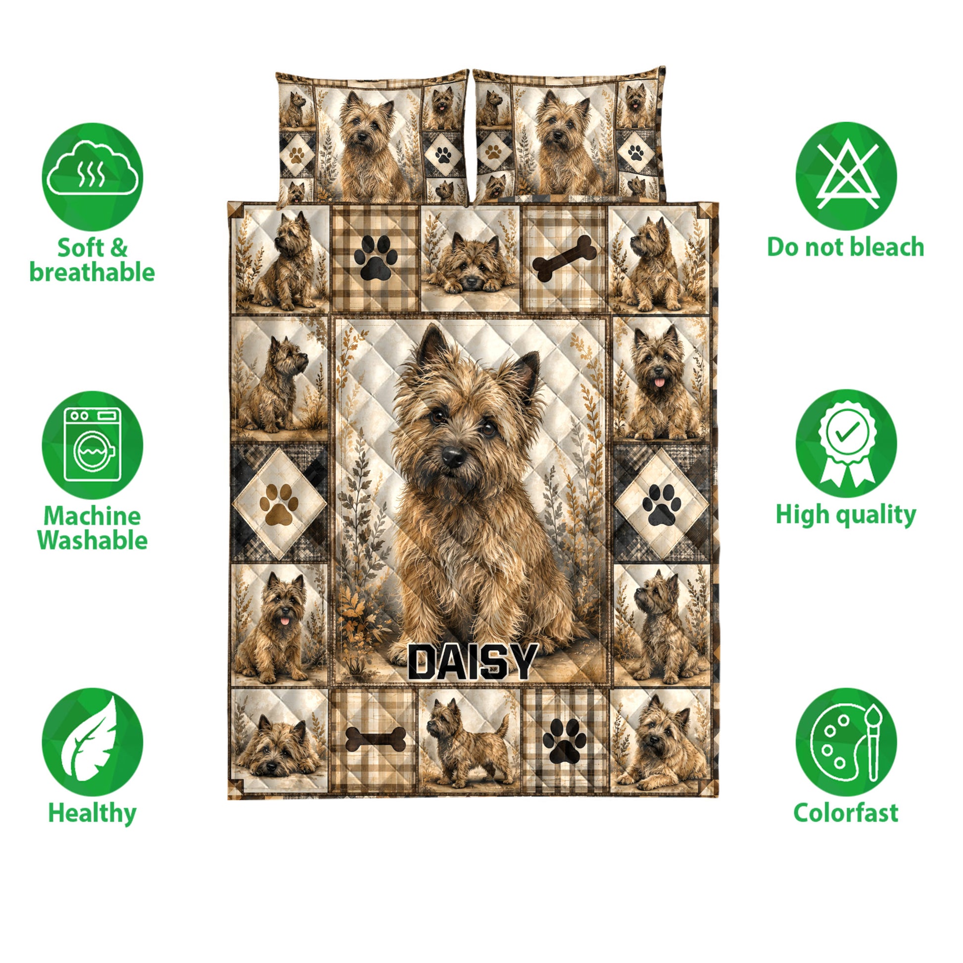 Cairn Terrier quilt bedding set with repeated dog artwork, paw prints, bones, and soft breathable feature icons